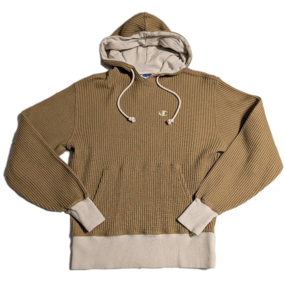 Champion Reverse Weave Waffle Knit Hoodie Small‎ Tan Beige Pullover Logo